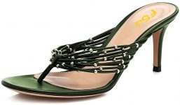 FSJ Women Sexy Beaded Trim Strappy Slide Sandals Open Toe Thong Stiletto Flip Flops Slip On Mid Heel Mules Shoe Size 4-15 M US