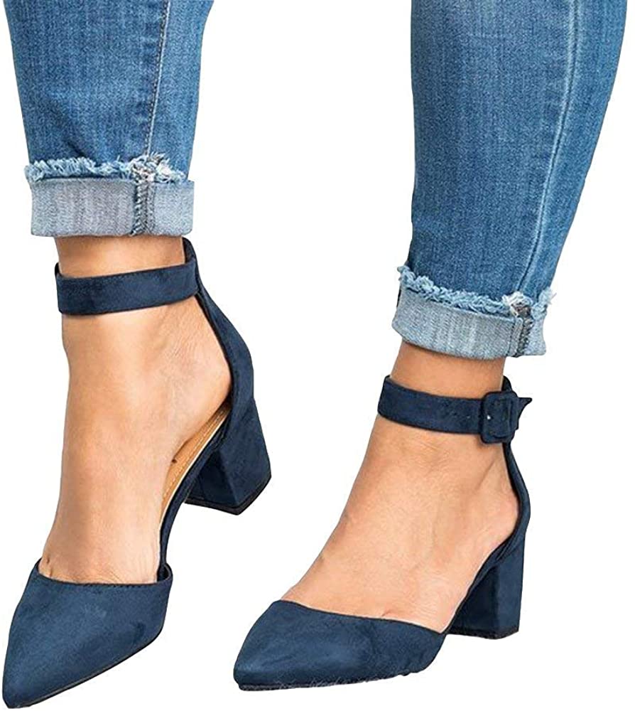 LAICIGO Women’s Pointed Toe Pumps Ankle Strap Buckle Chunky Block Heel Dress D’Orsay Sandals