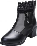 TOROFO Mesh Yarn Ankle Boots for Women Thick Heels,Pointed Toe Pumps Lace Leather Stitching Rhinestone Pendants Zip-Up Pumps (Black, 9)